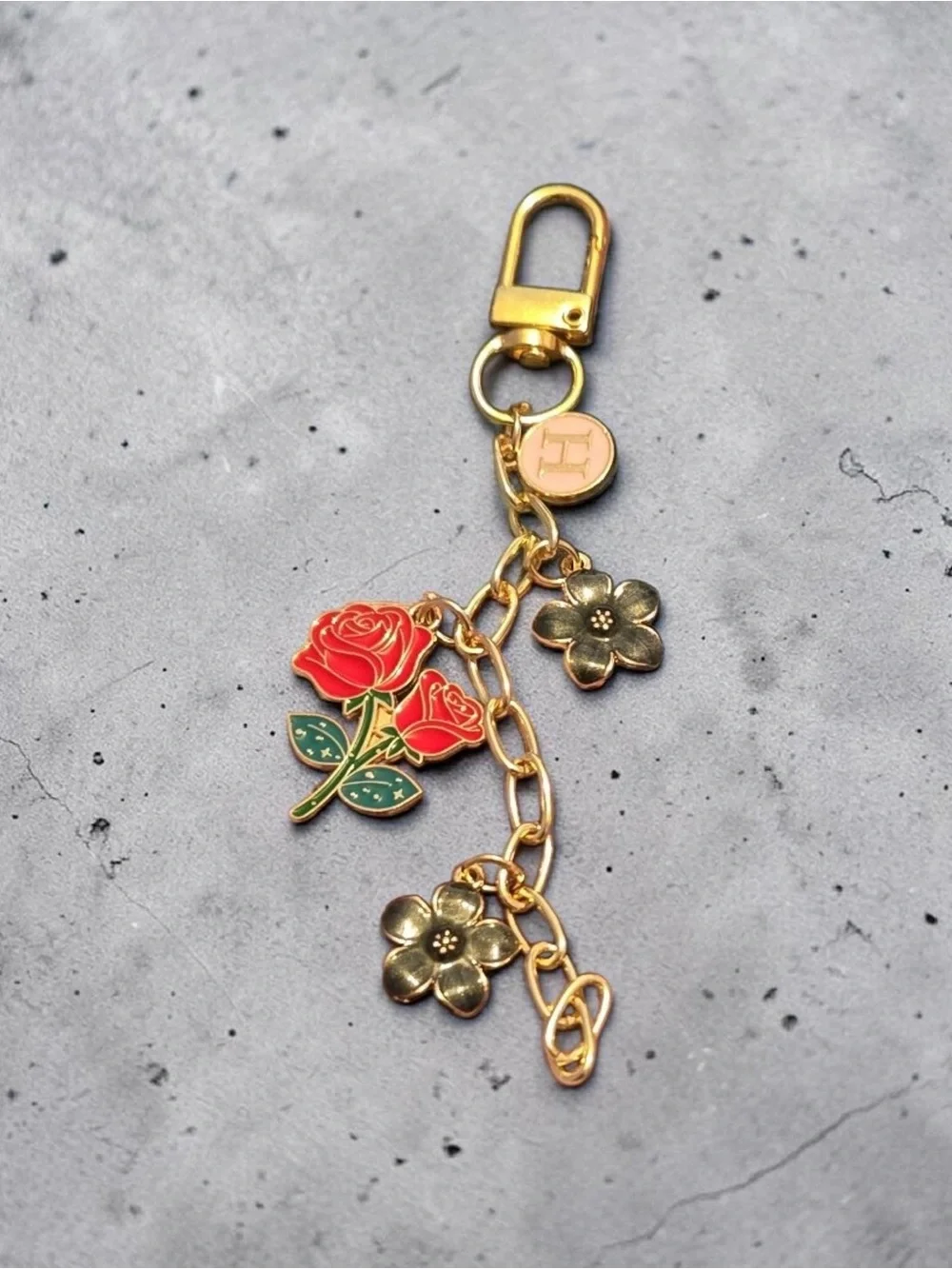Gold Floral Rose Keychain Charm - Red & Green Accent new